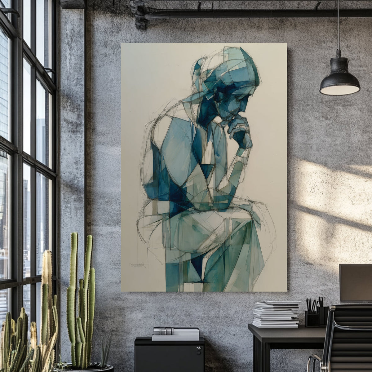 blue geometric figure wall art of person in deep thought