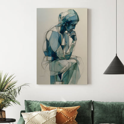 blue geometric figure wall art of person in deep thought