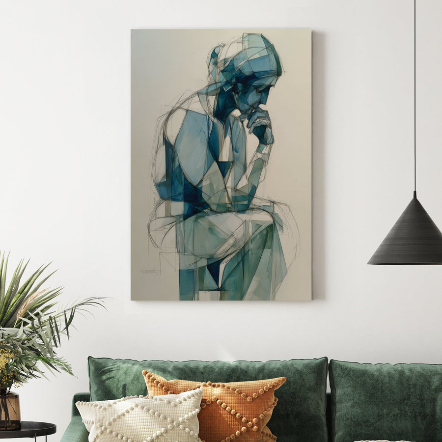 blue geometric figure wall art of person in deep thought