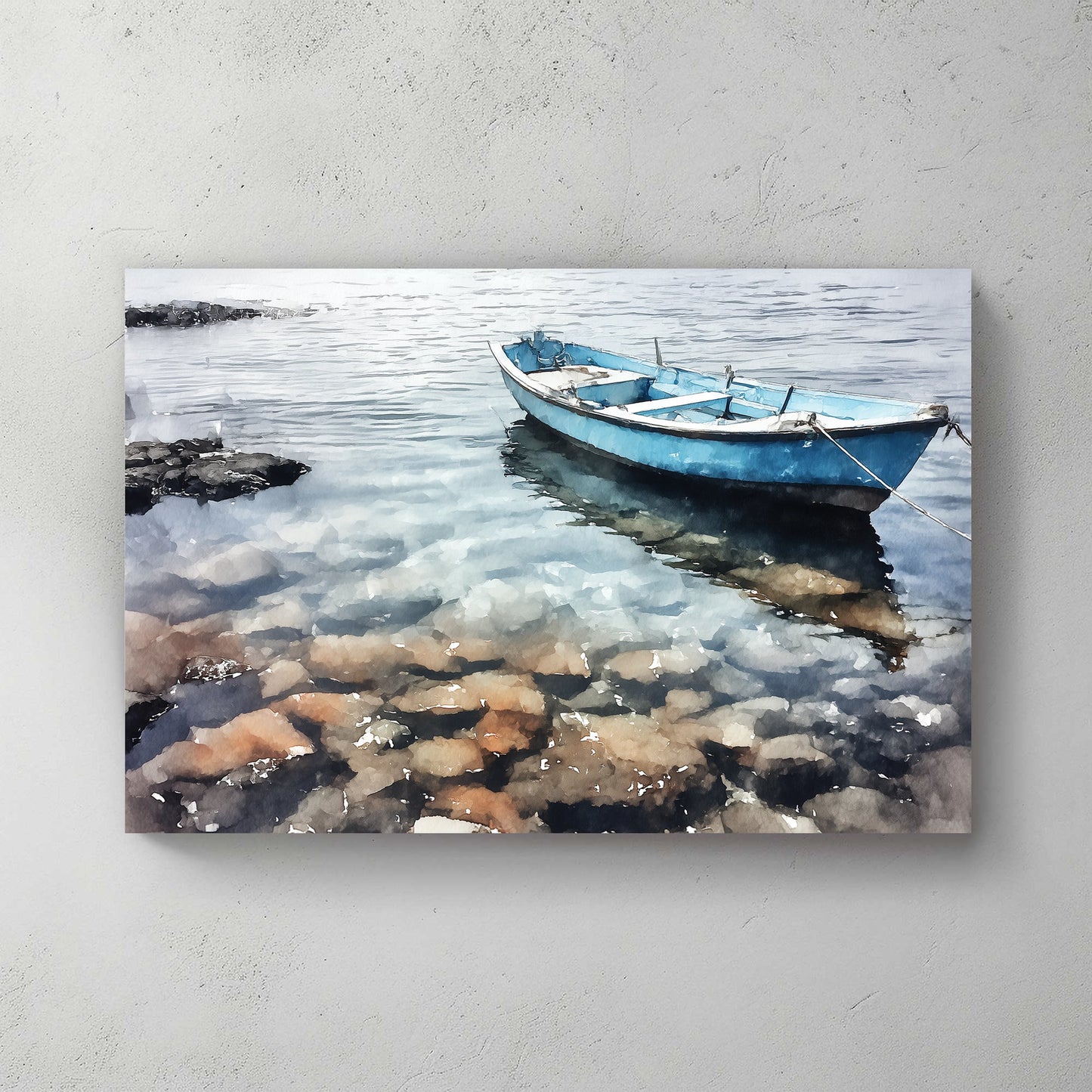 tranquil blue boat on clear water wall art in Palermo
