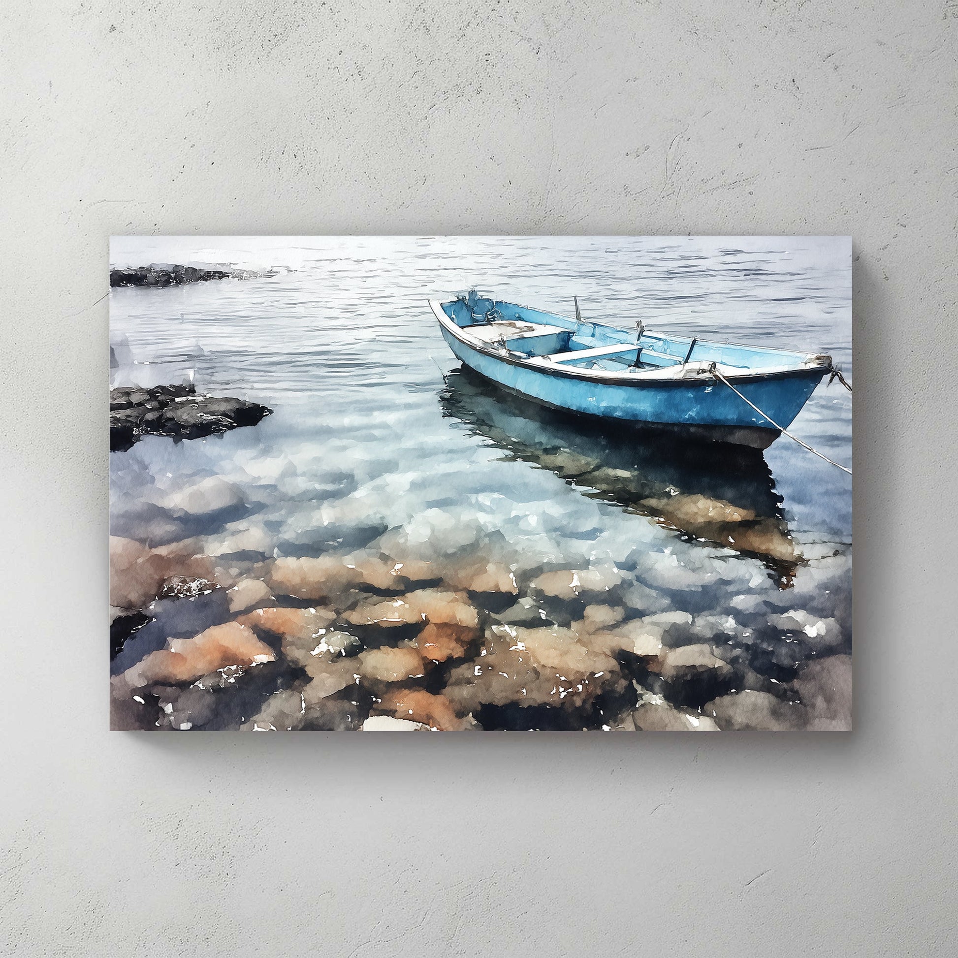 tranquil blue boat on clear water wall art in Palermo
