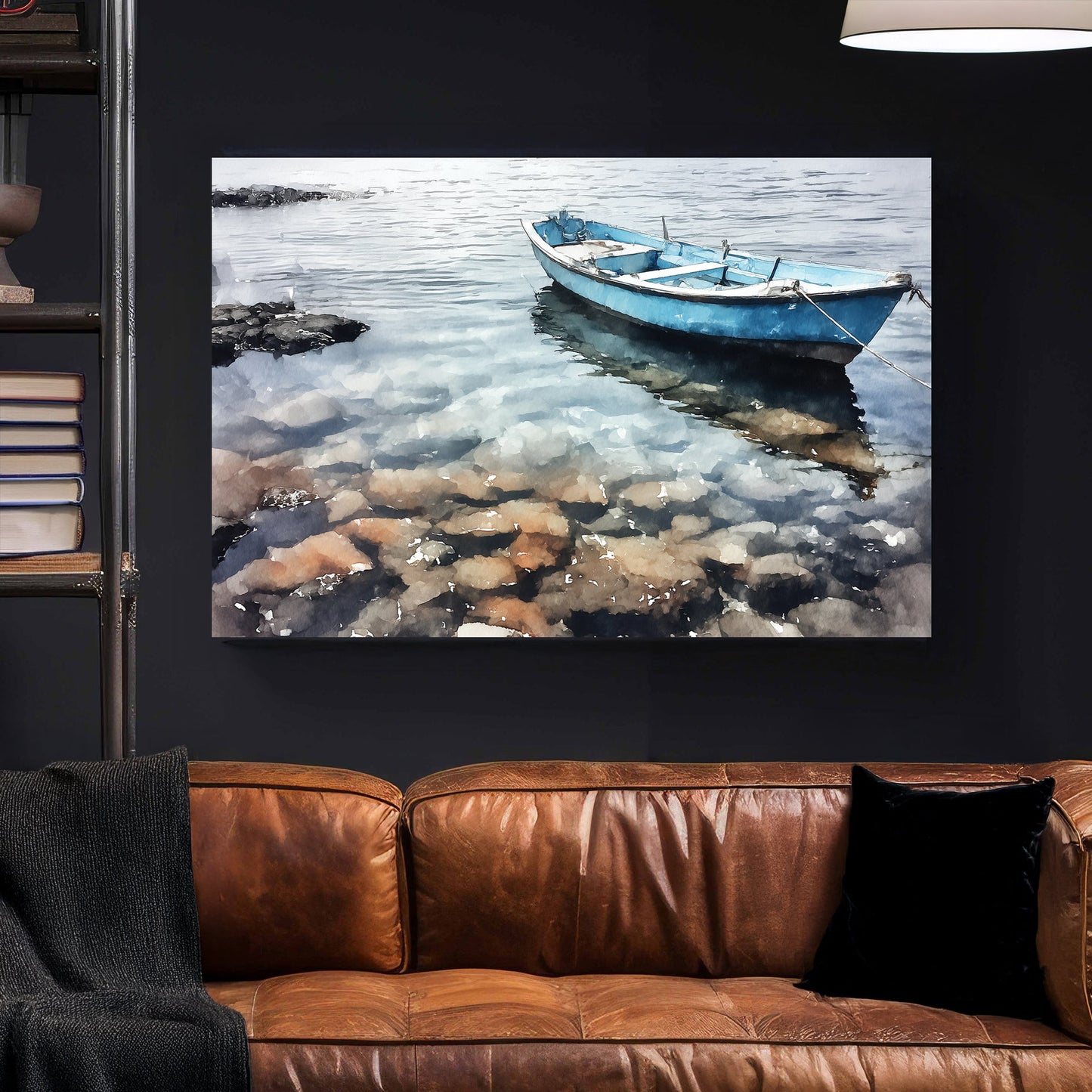 tranquil blue boat on clear water wall art in Palermo
