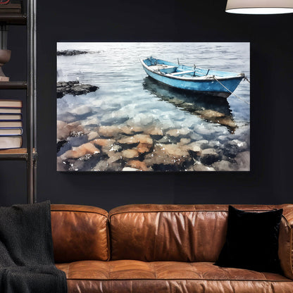 tranquil blue boat on clear water wall art in Palermo