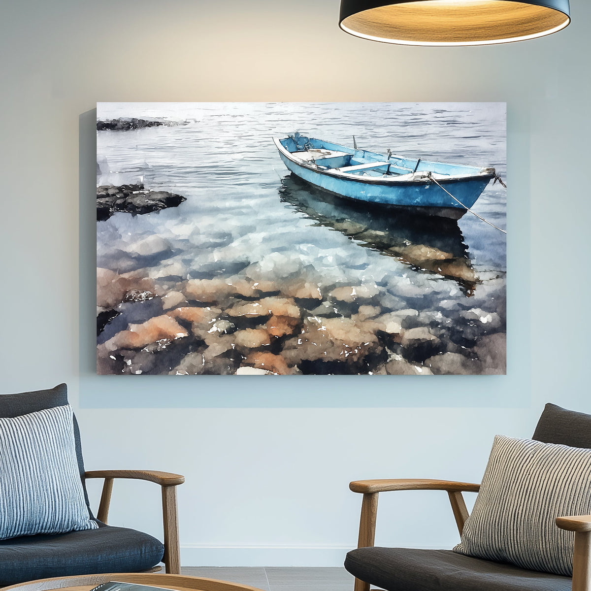 tranquil blue boat on clear water wall art in Palermo