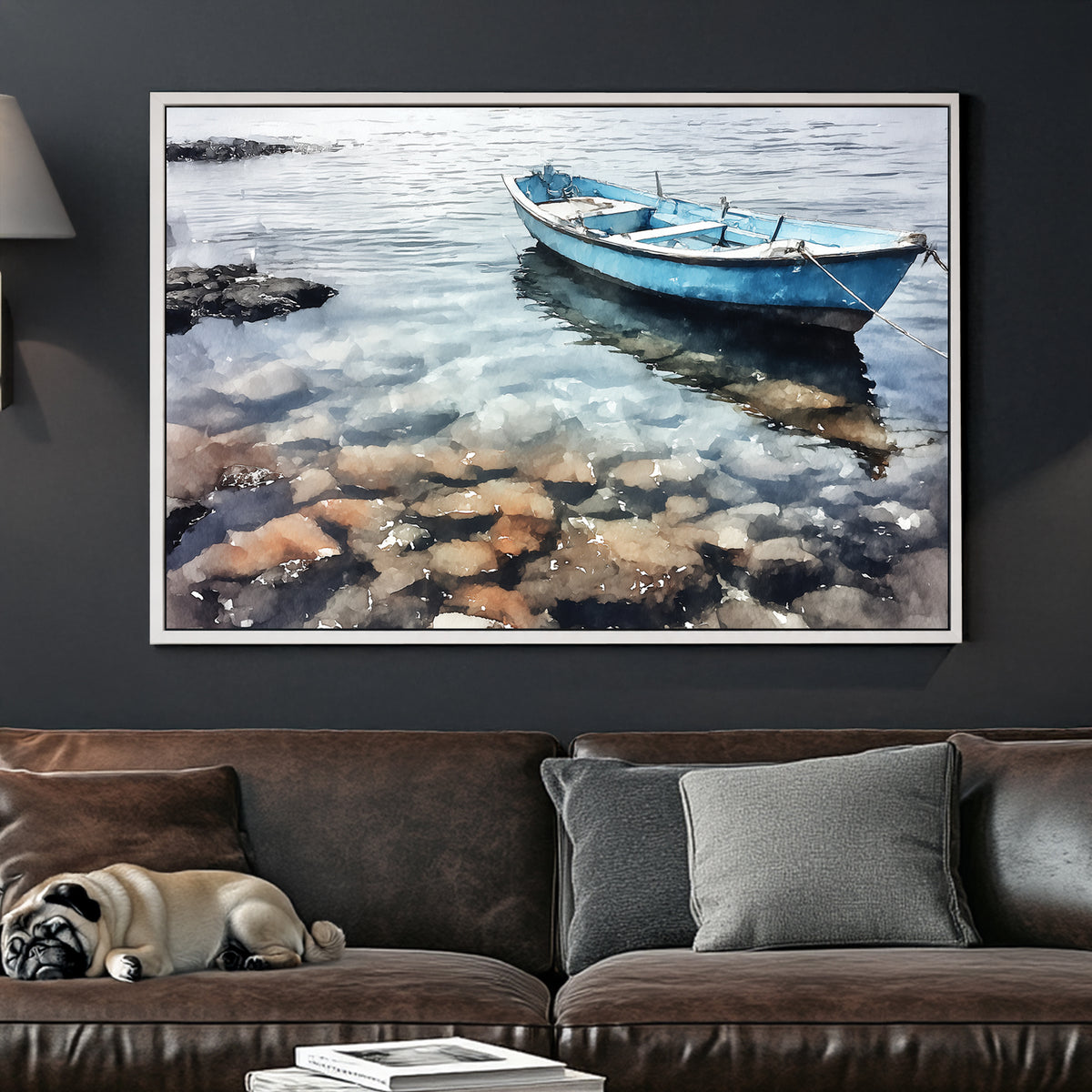 tranquil blue boat on clear water wall art in Palermo