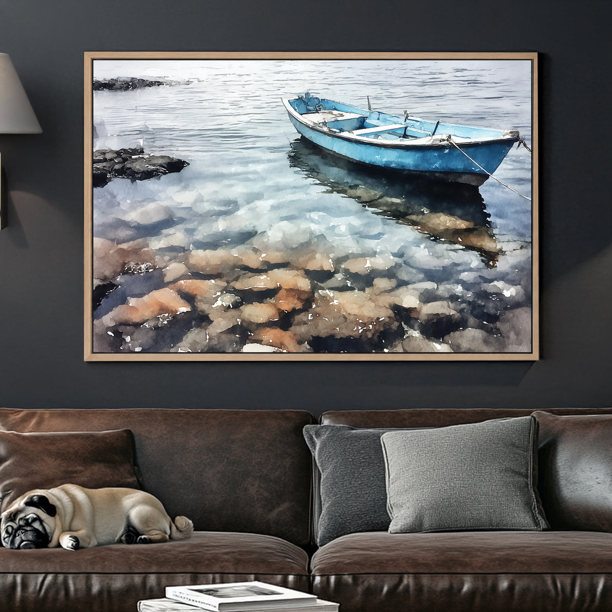 tranquil blue boat on clear water wall art in Palermo