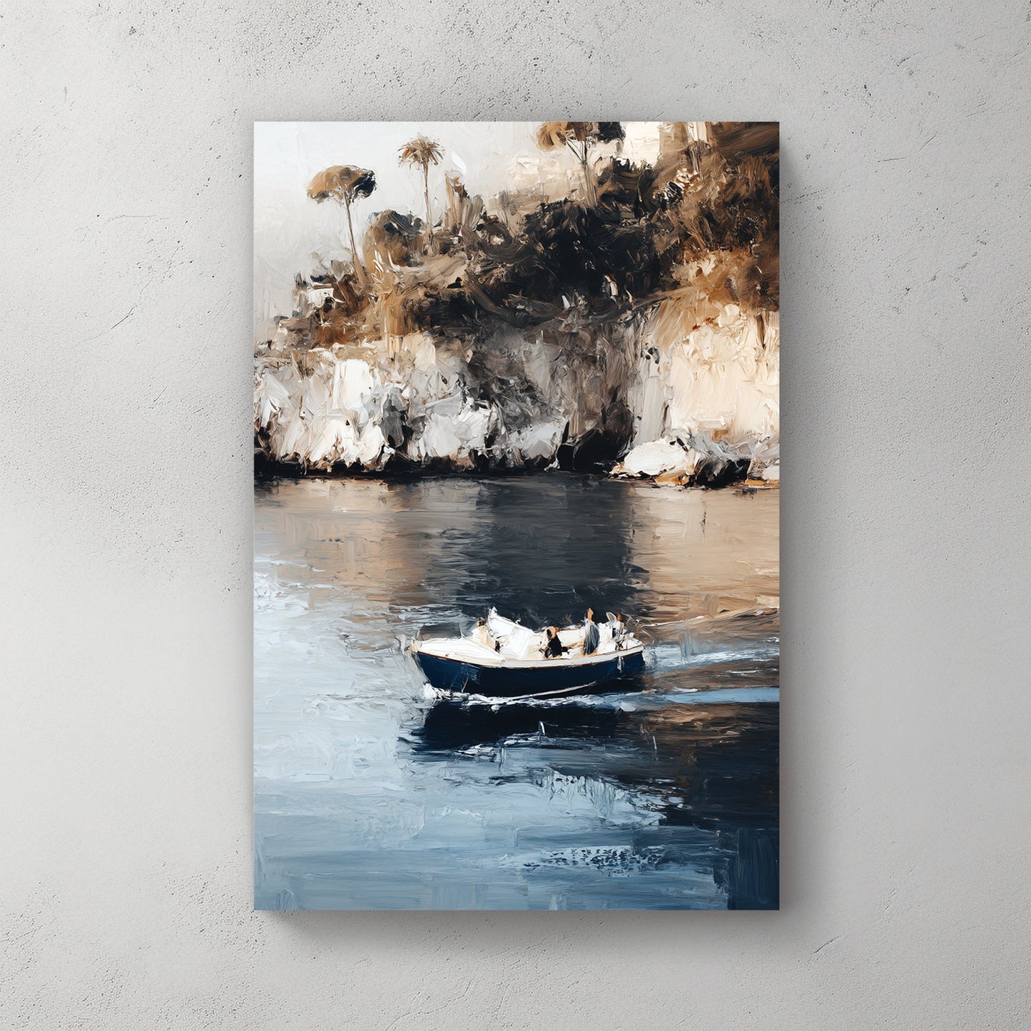 isola bella island boat wall art with textured painterly strokes