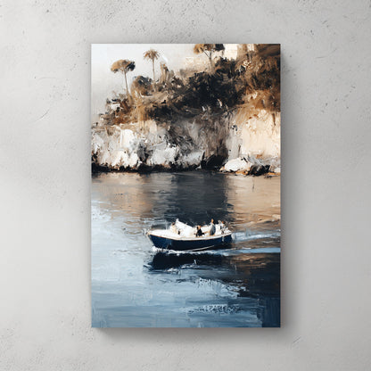 isola bella island boat wall art with textured painterly strokes