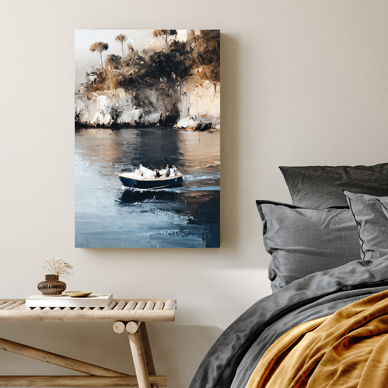isola bella island boat wall art with textured painterly strokes