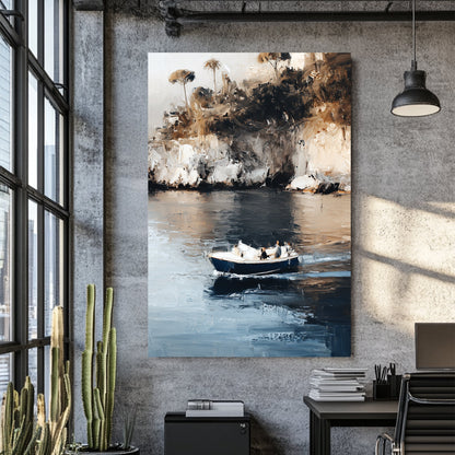 isola bella island boat wall art with textured painterly strokes