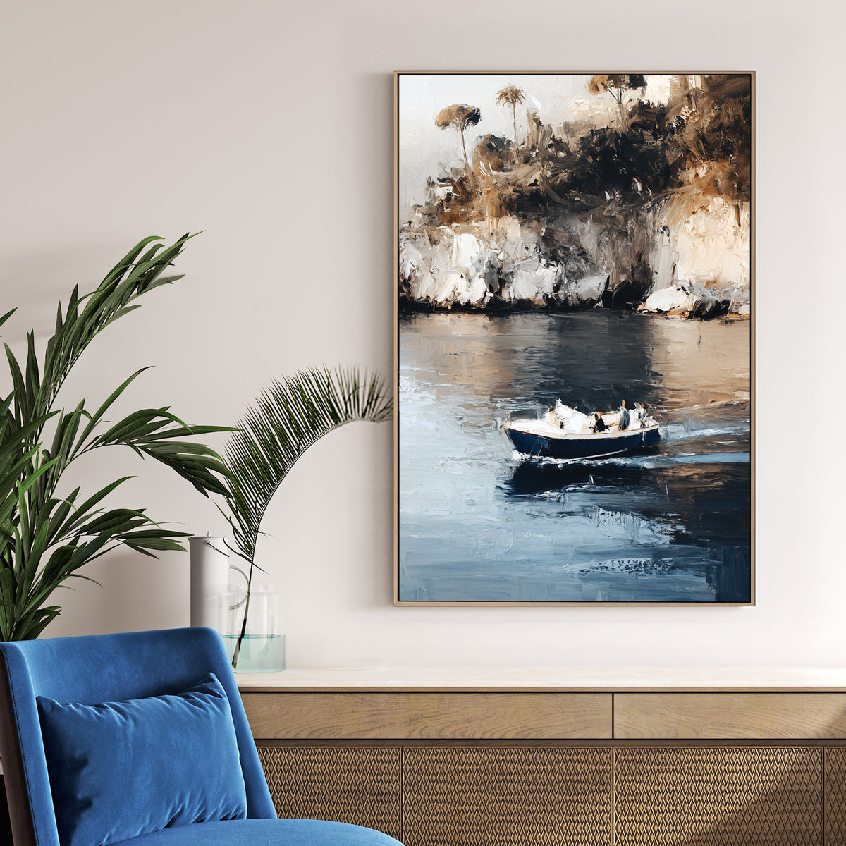 isola bella island boat wall art with textured painterly strokes