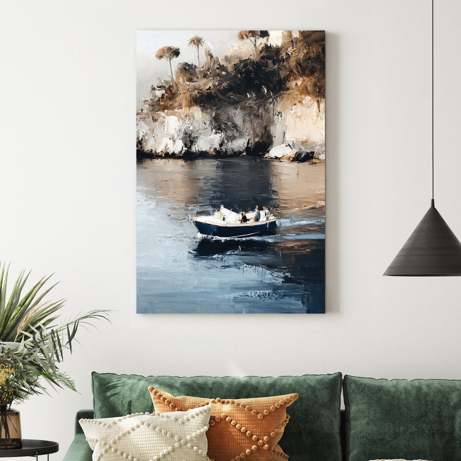 isola bella island boat wall art with textured painterly strokes