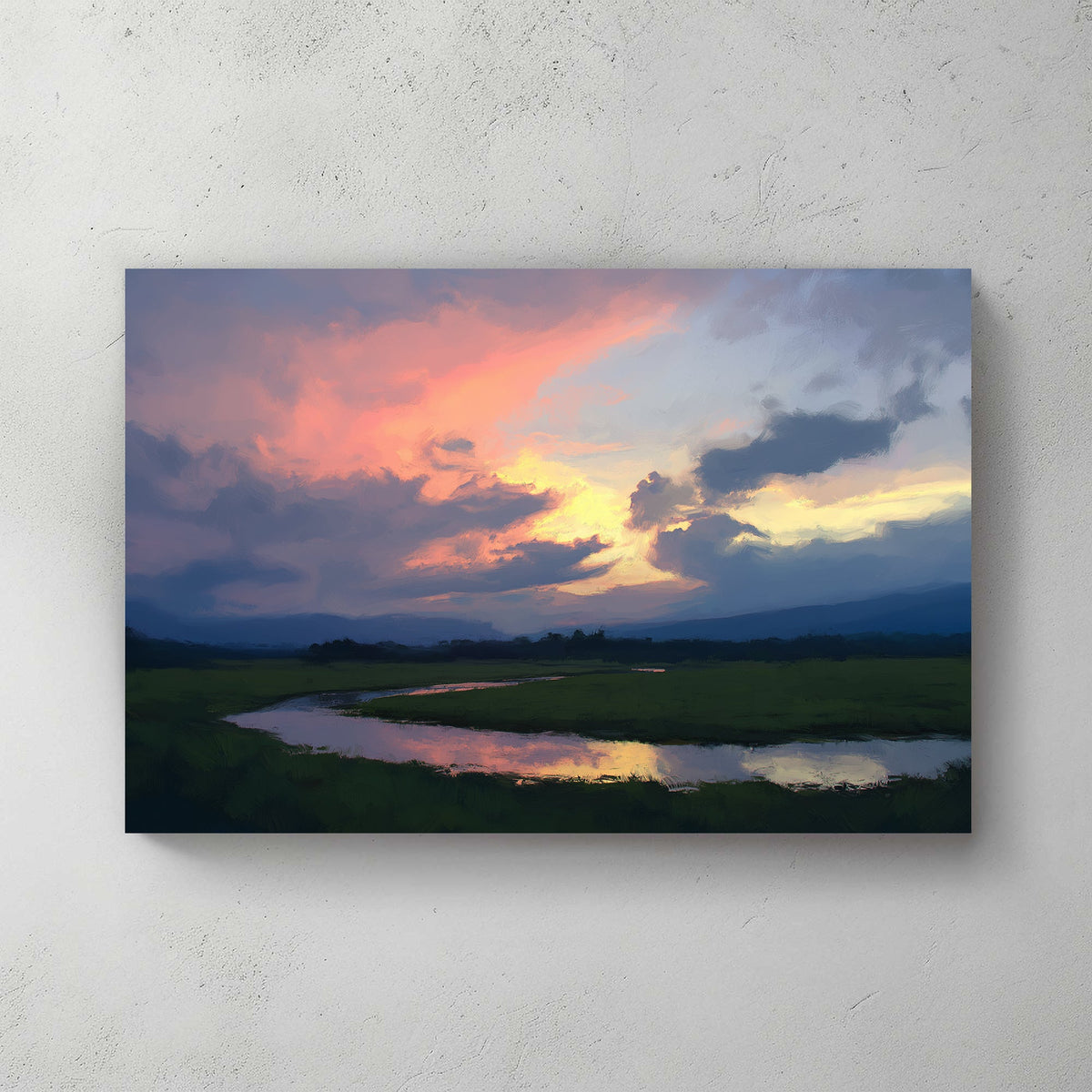impressionist landscape wall art of sunset sky reflecting on water