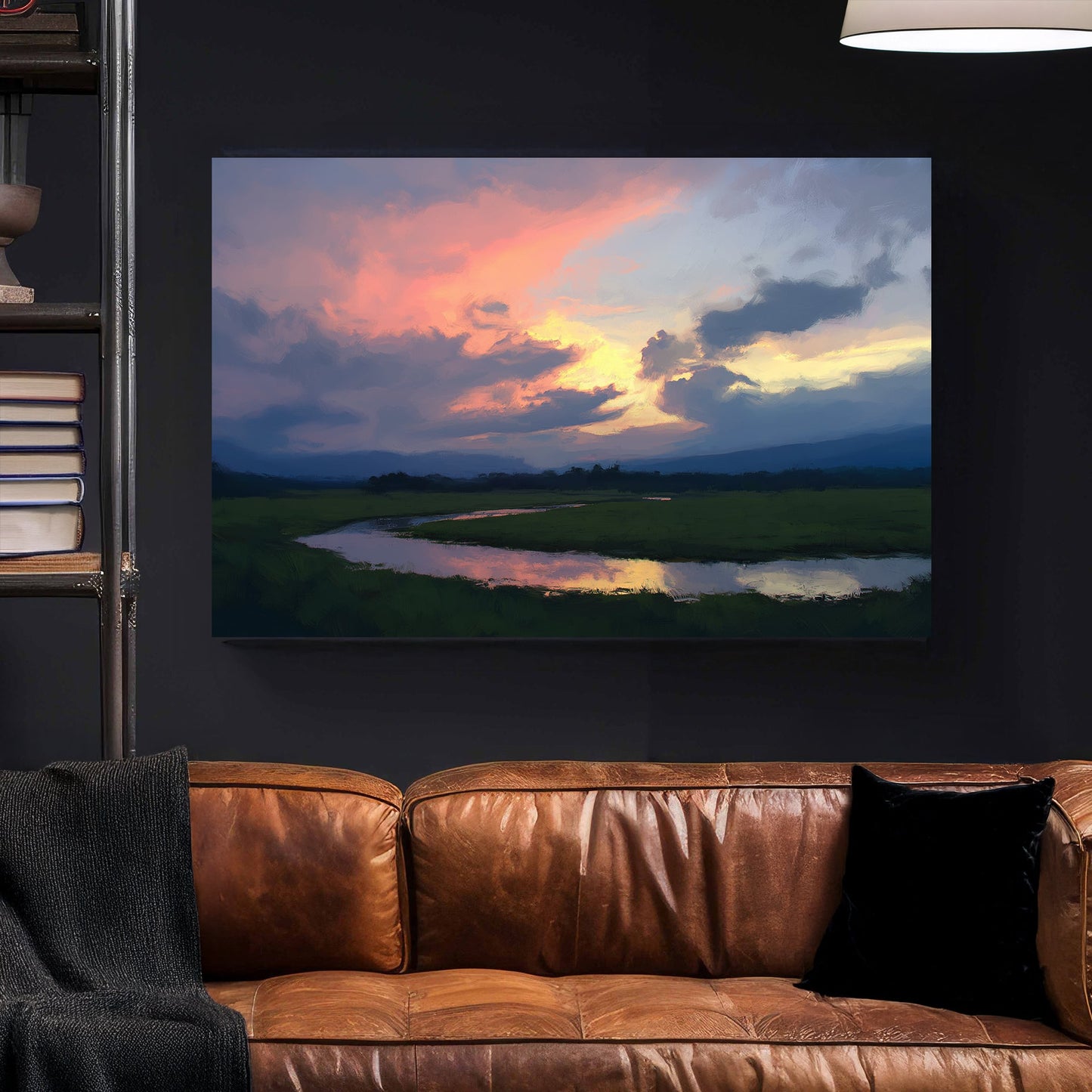 impressionist landscape wall art of sunset sky reflecting on water