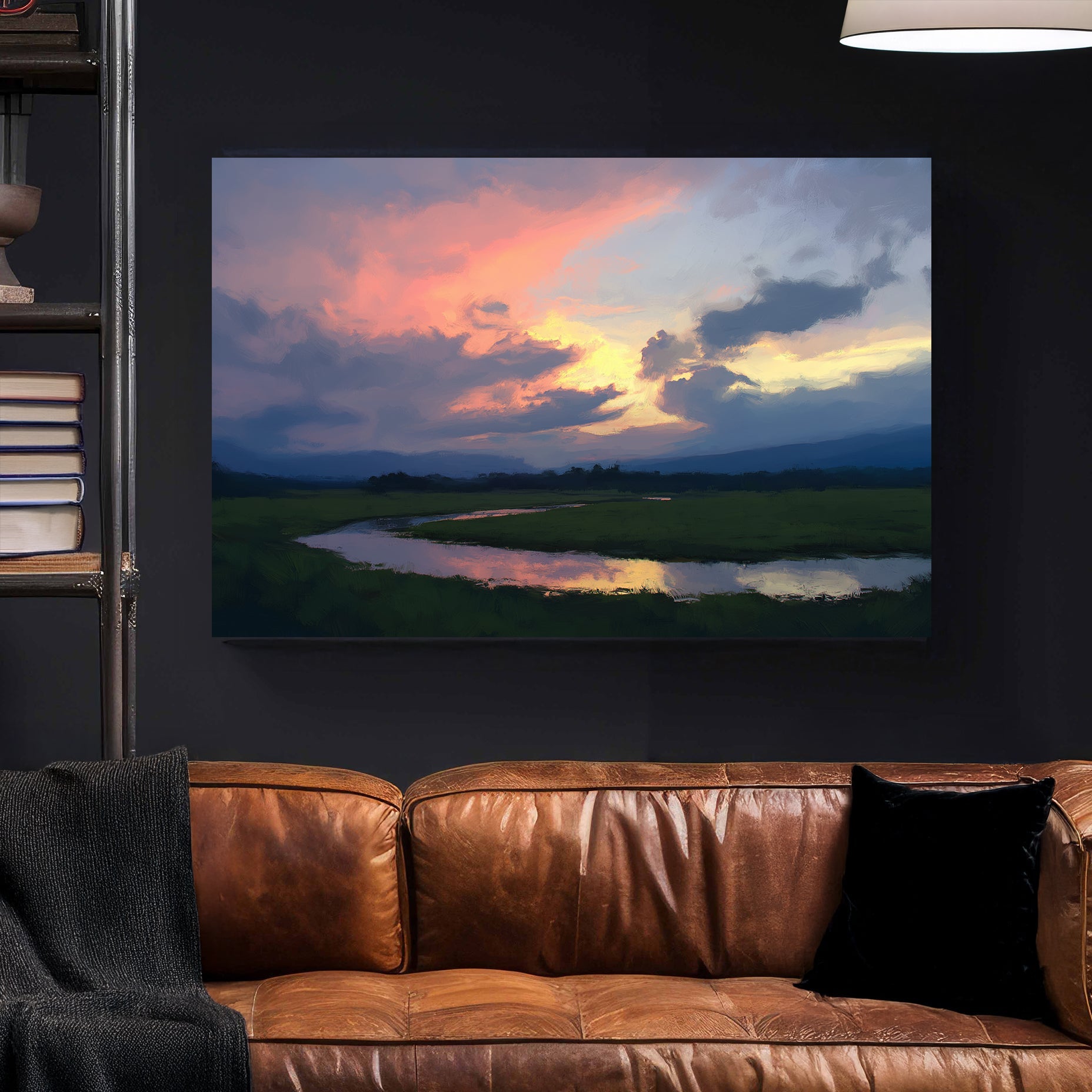 impressionist landscape wall art of sunset sky reflecting on water