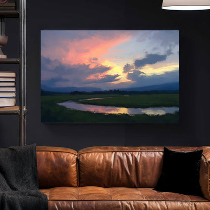 impressionist landscape wall art of sunset sky reflecting on water