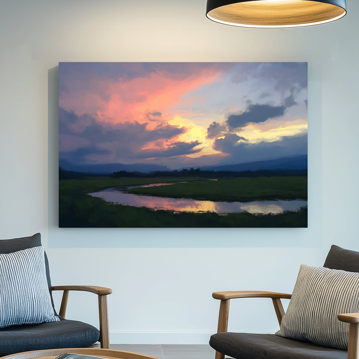 impressionist landscape wall art of sunset sky reflecting on water