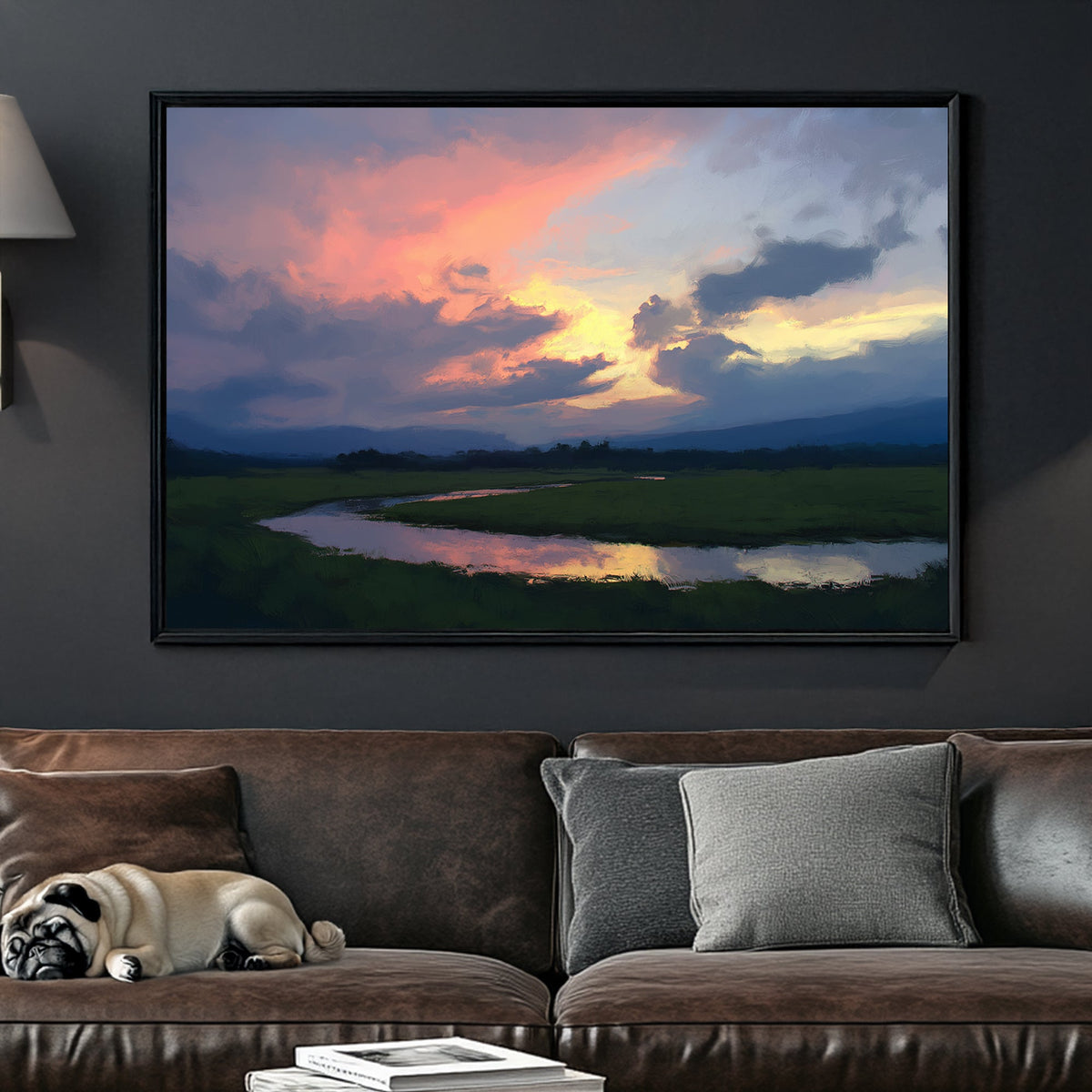 impressionist landscape wall art of sunset sky reflecting on water