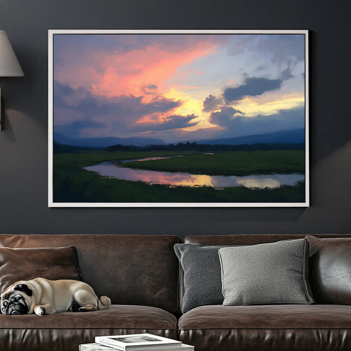 impressionist landscape wall art of sunset sky reflecting on water
