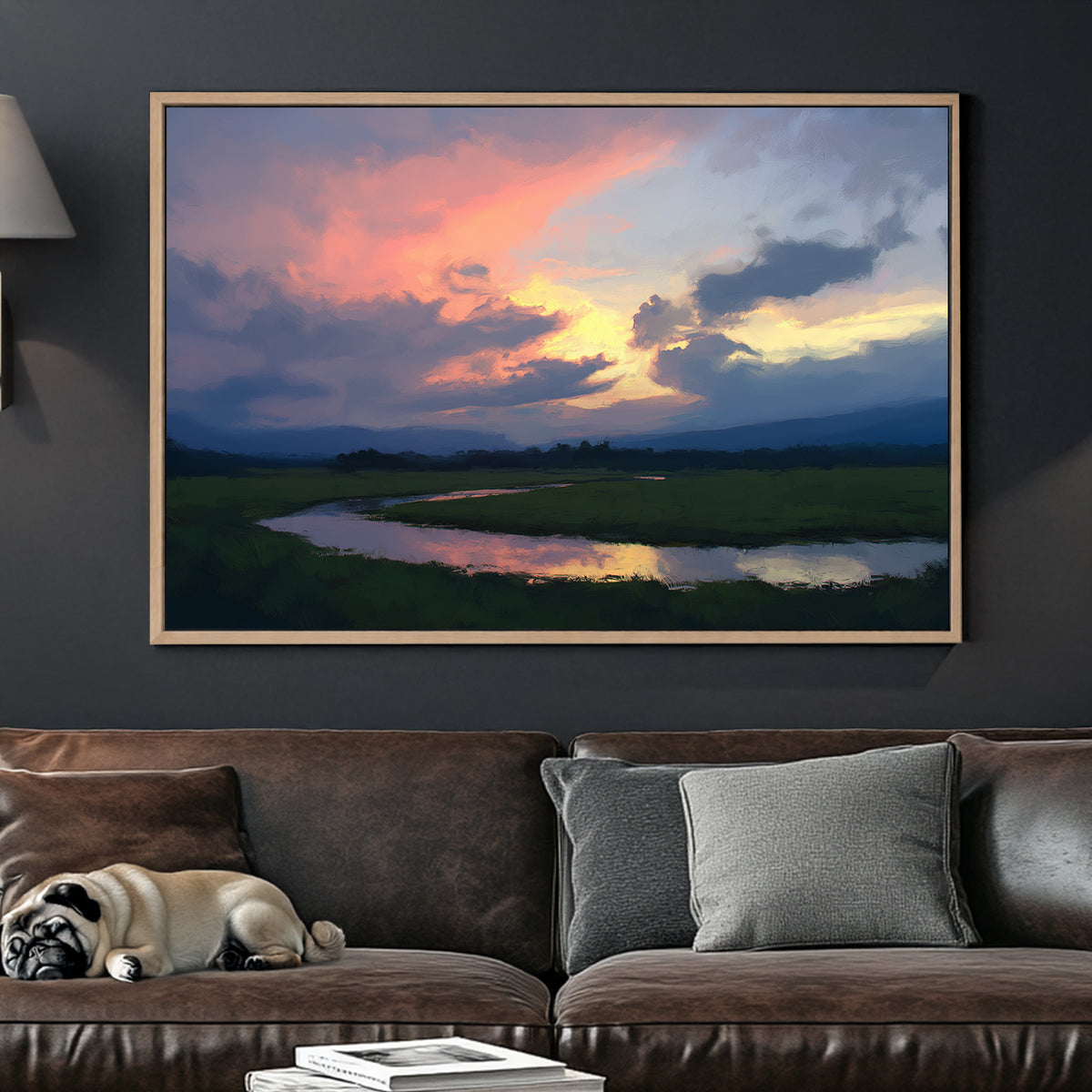 impressionist landscape wall art of sunset sky reflecting on water