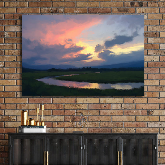 impressionist landscape wall art of sunset sky reflecting on water