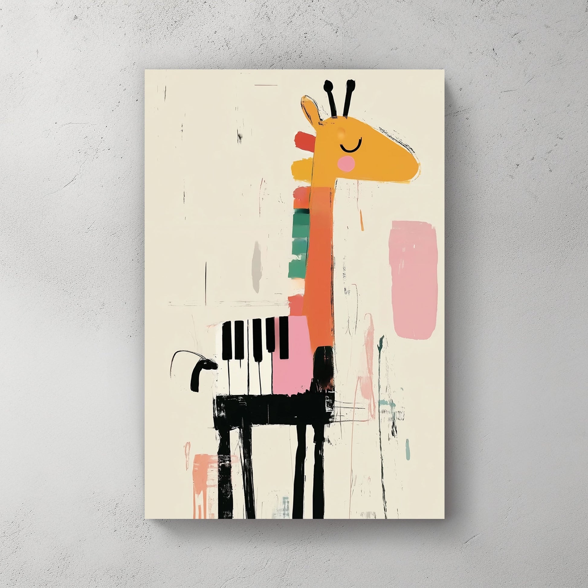 giraffe and piano themed kids wall art in abstract illustration style