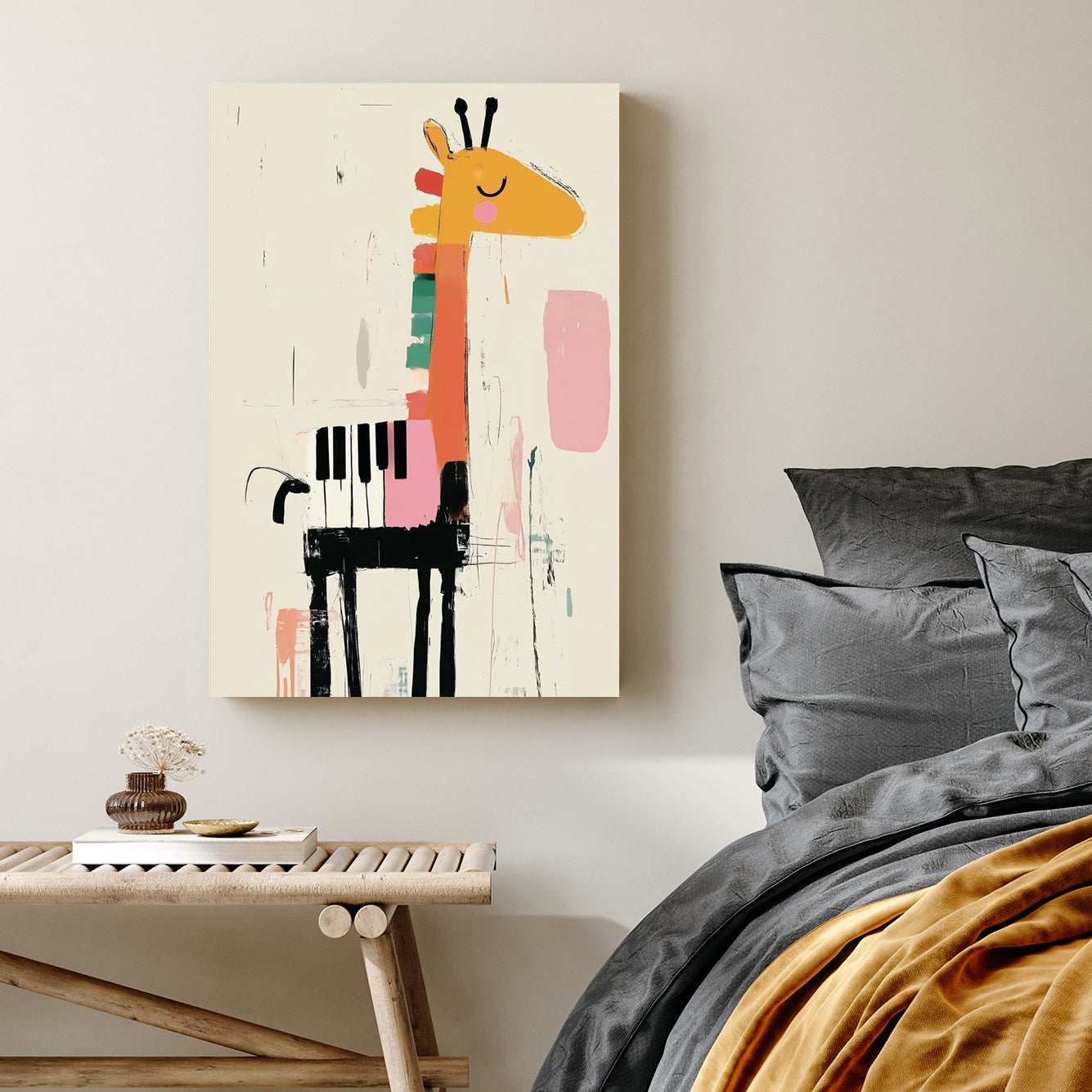 giraffe and piano themed kids wall art in abstract illustration style