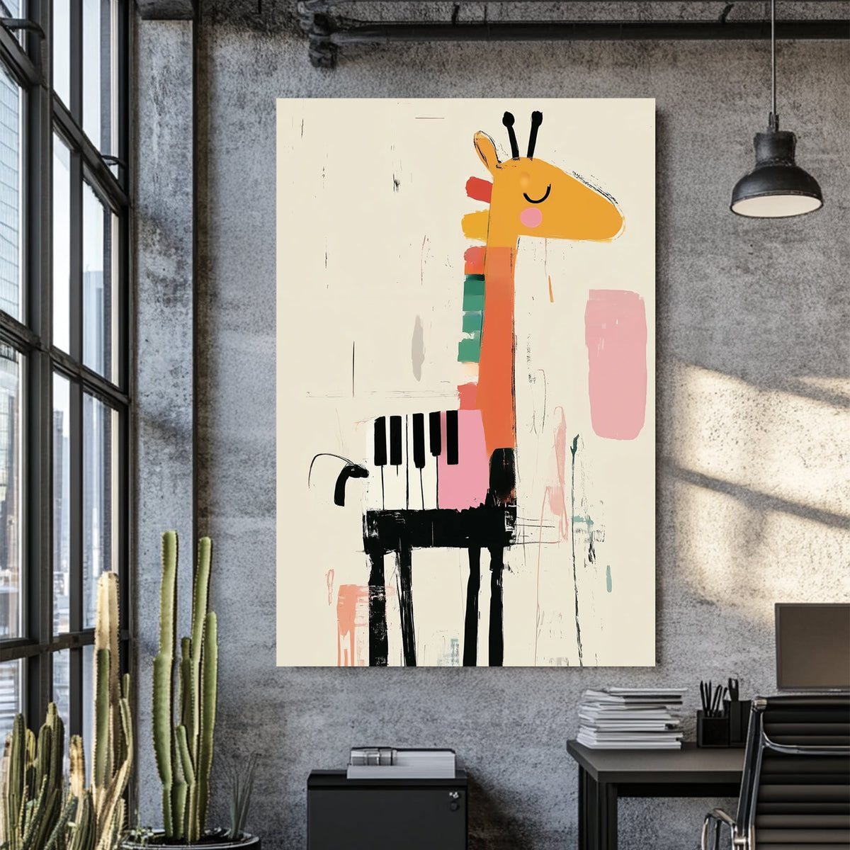 giraffe and piano themed kids wall art in abstract illustration style