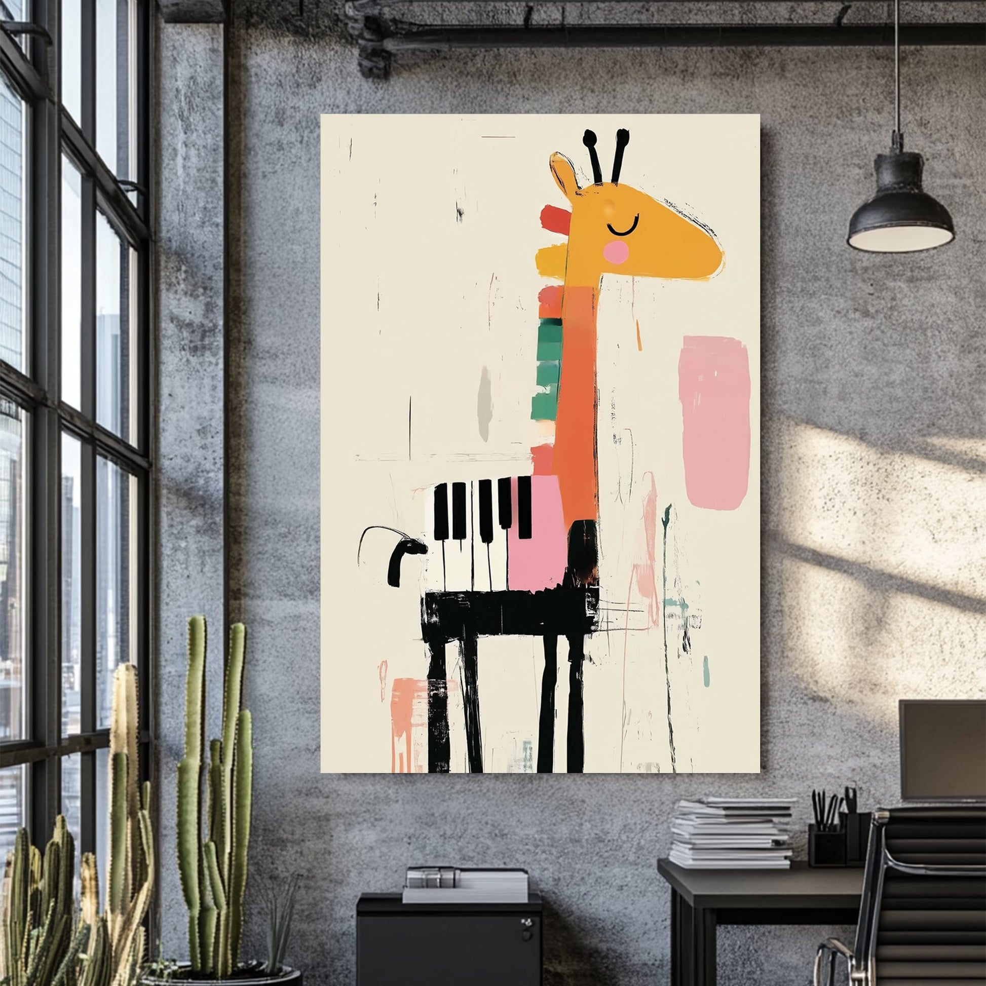 giraffe and piano themed kids wall art in abstract illustration style