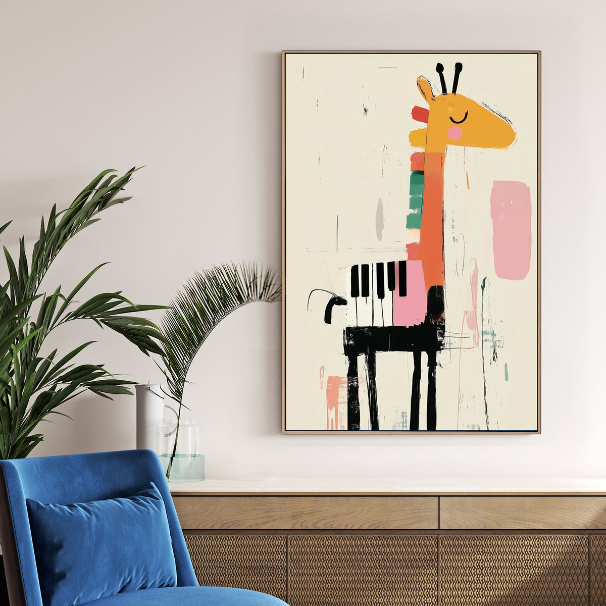 giraffe and piano themed kids wall art in abstract illustration style