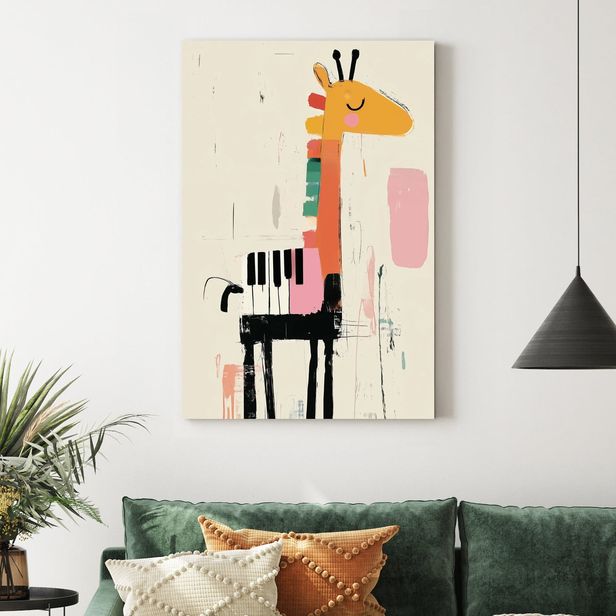 giraffe and piano themed kids wall art in abstract illustration style
