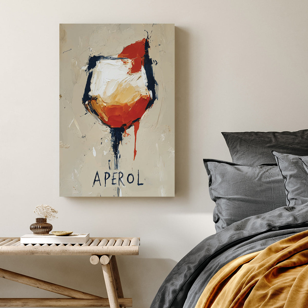 abstract aperol cocktail wall art with textured brushstrokes
