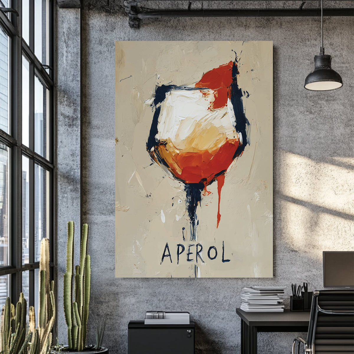 abstract aperol cocktail wall art with textured brushstrokes