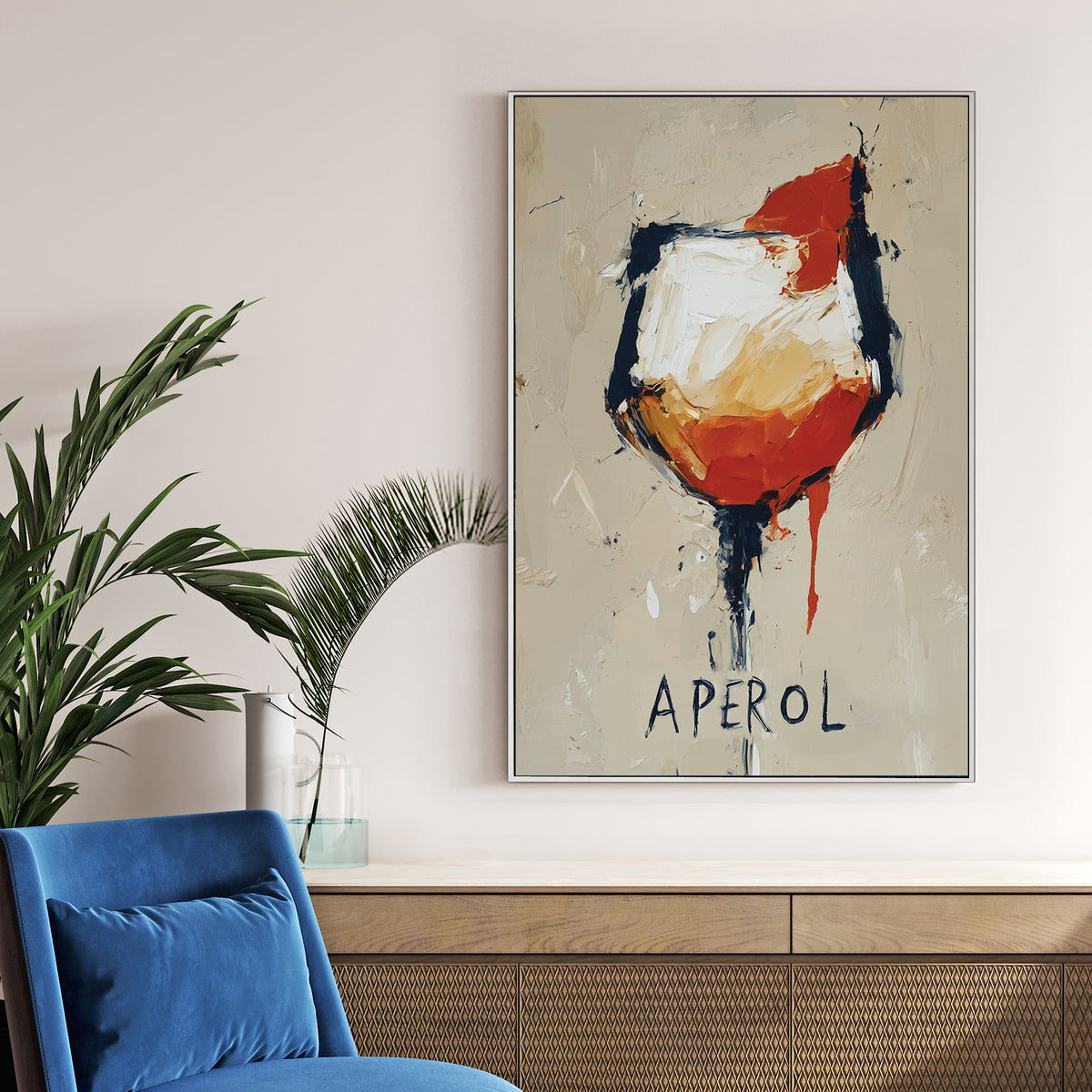 abstract aperol cocktail wall art with textured brushstrokes