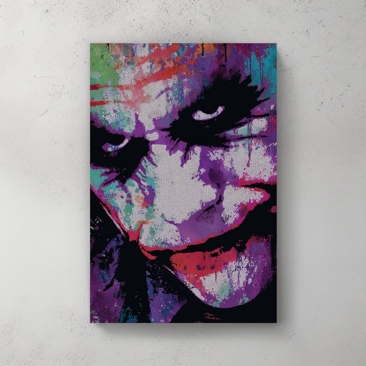 joker graffiti-style wall art with colourful cracked texture