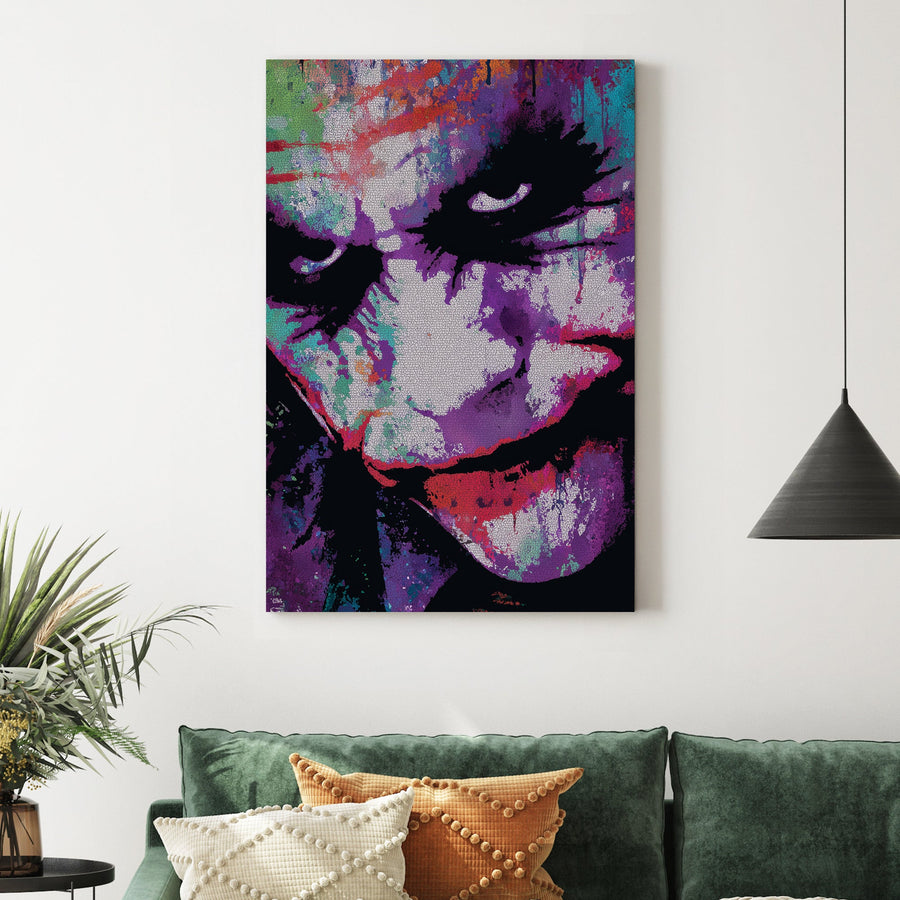 joker graffiti-style wall art with colourful cracked texture