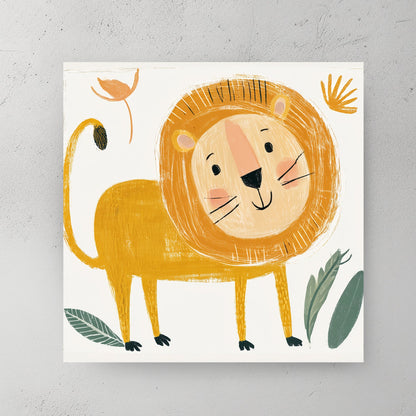 cartoon lion wall art with hand-drawn style in yellow and peach tones