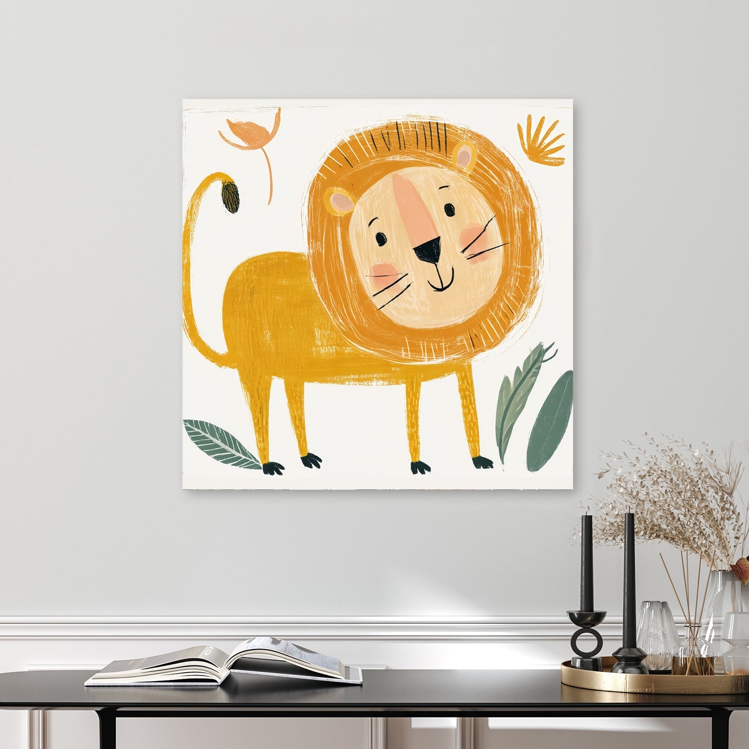 cartoon lion wall art with hand-drawn style in yellow and peach tones