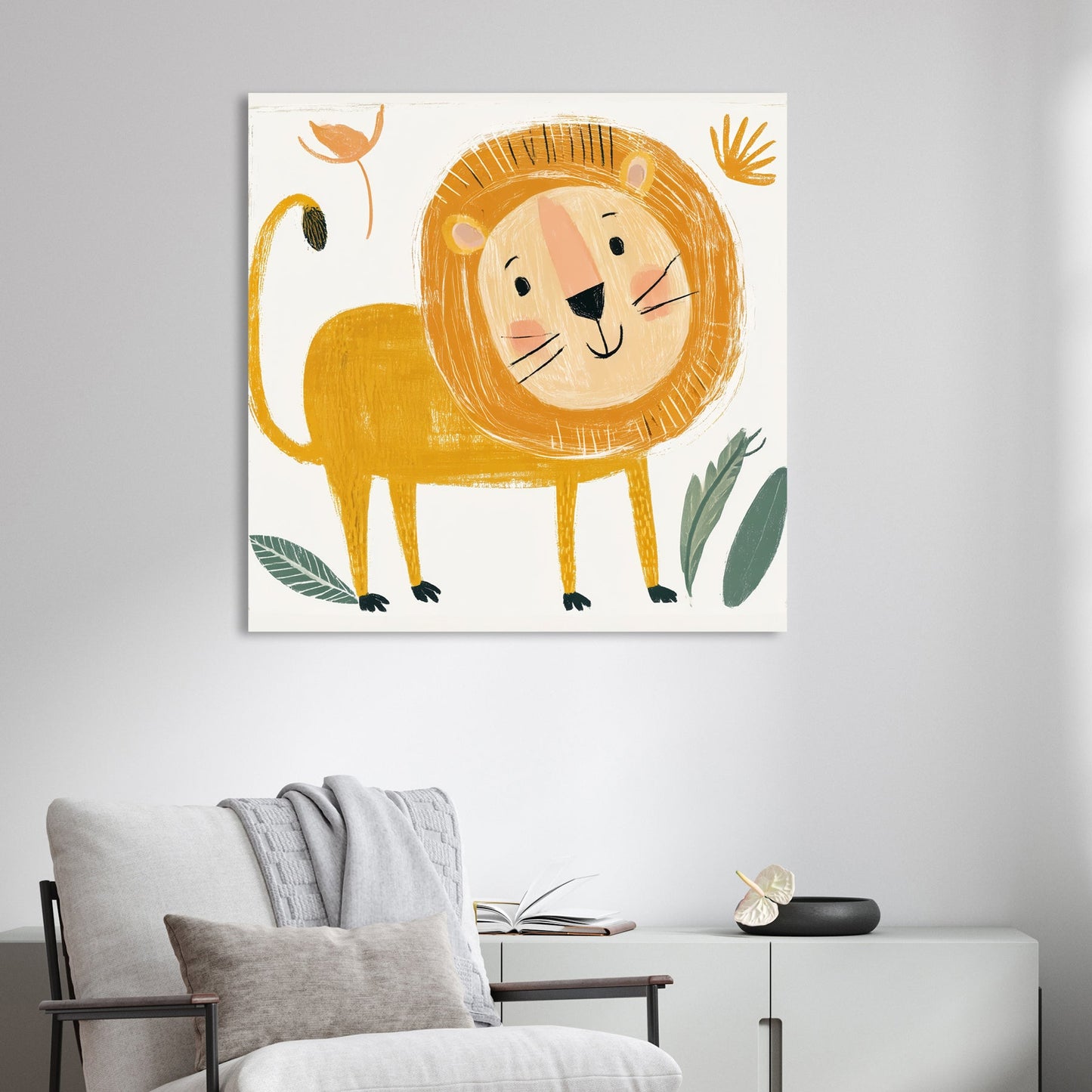 cartoon lion wall art with hand-drawn style in yellow and peach tones