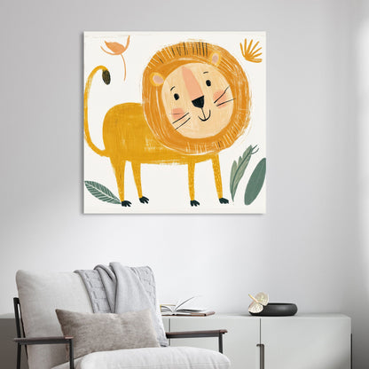 cartoon lion wall art with hand-drawn style in yellow and peach tones