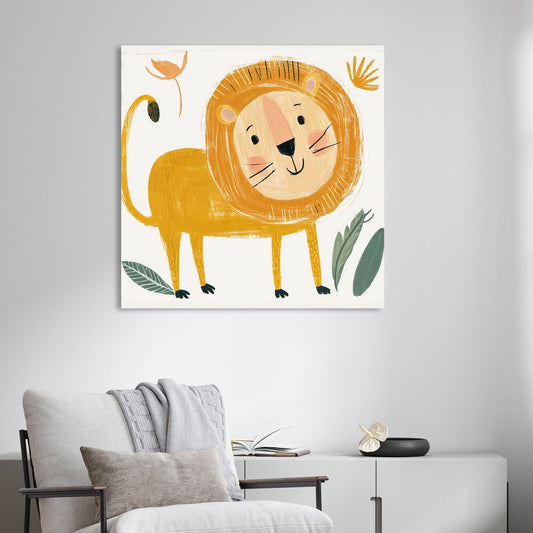 cartoon lion wall art with hand-drawn style in yellow and peach tones