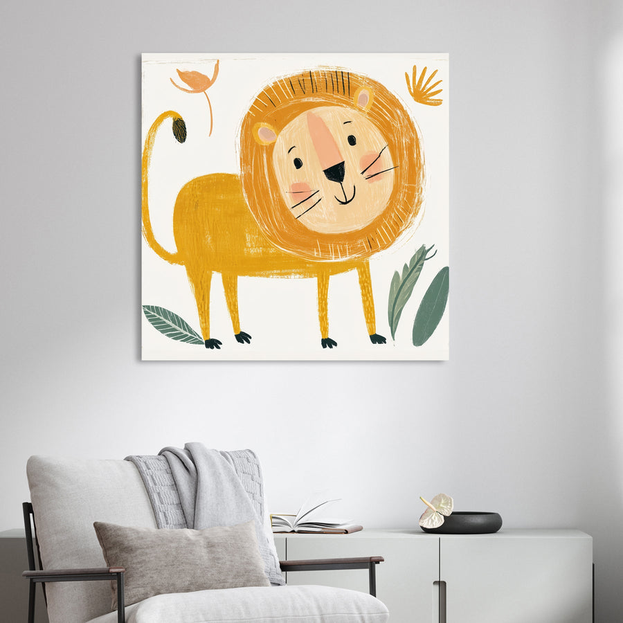 cartoon lion wall art with hand-drawn style in yellow and peach tones