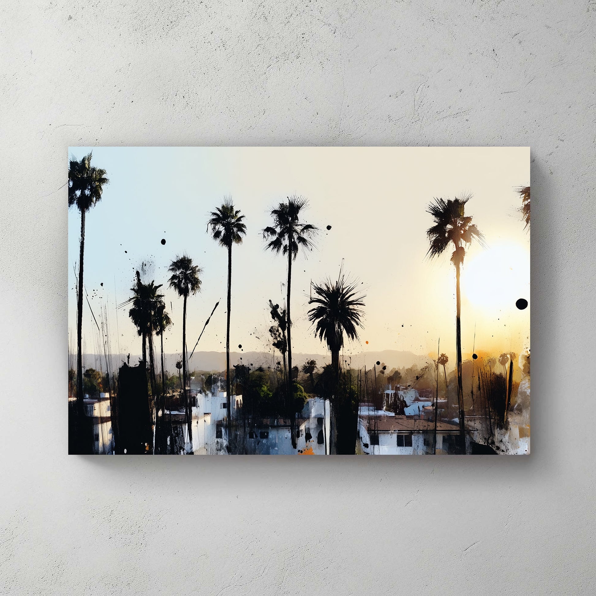 urban palm tree sunset wall art with ink splatter style