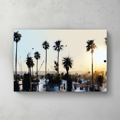 urban palm tree sunset wall art with ink splatter style