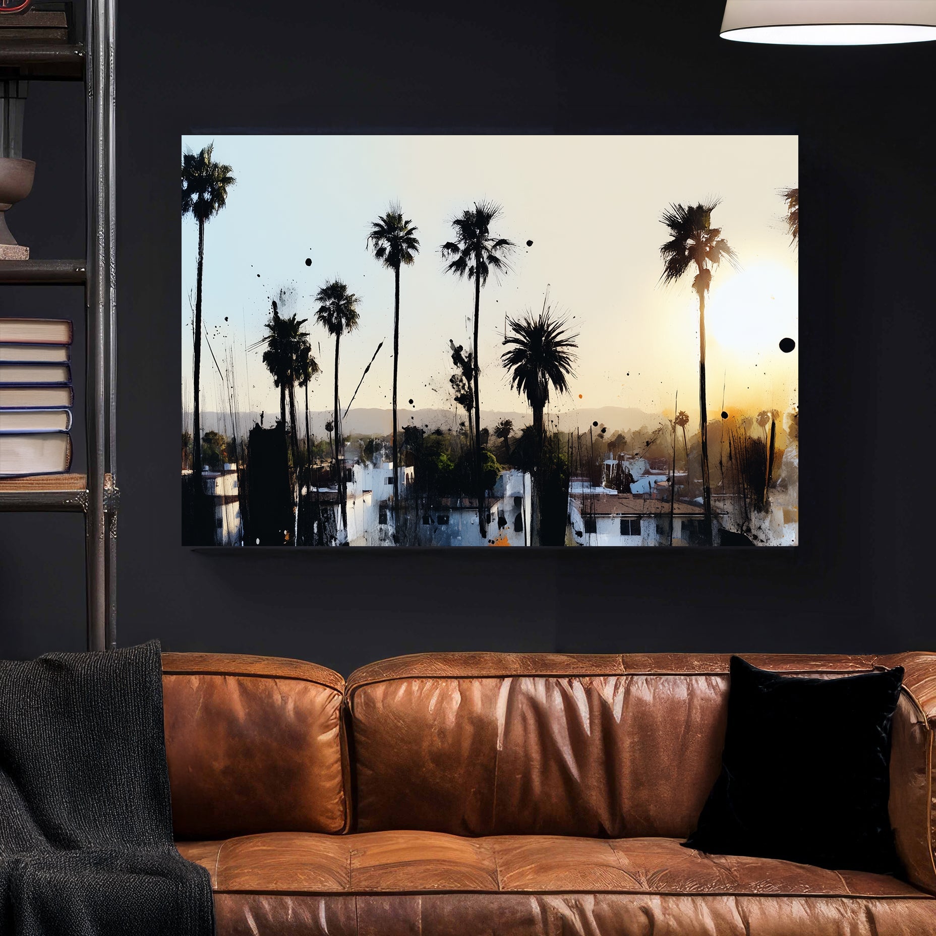 urban palm tree sunset wall art with ink splatter style