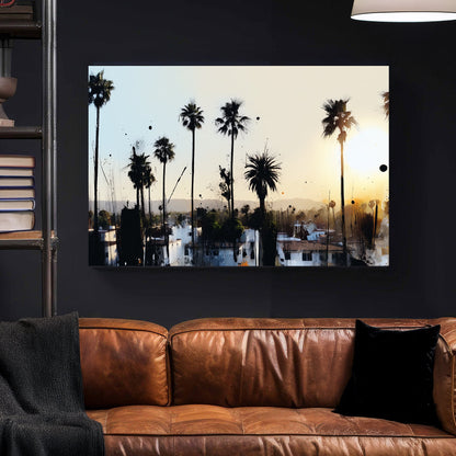 urban palm tree sunset wall art with ink splatter style