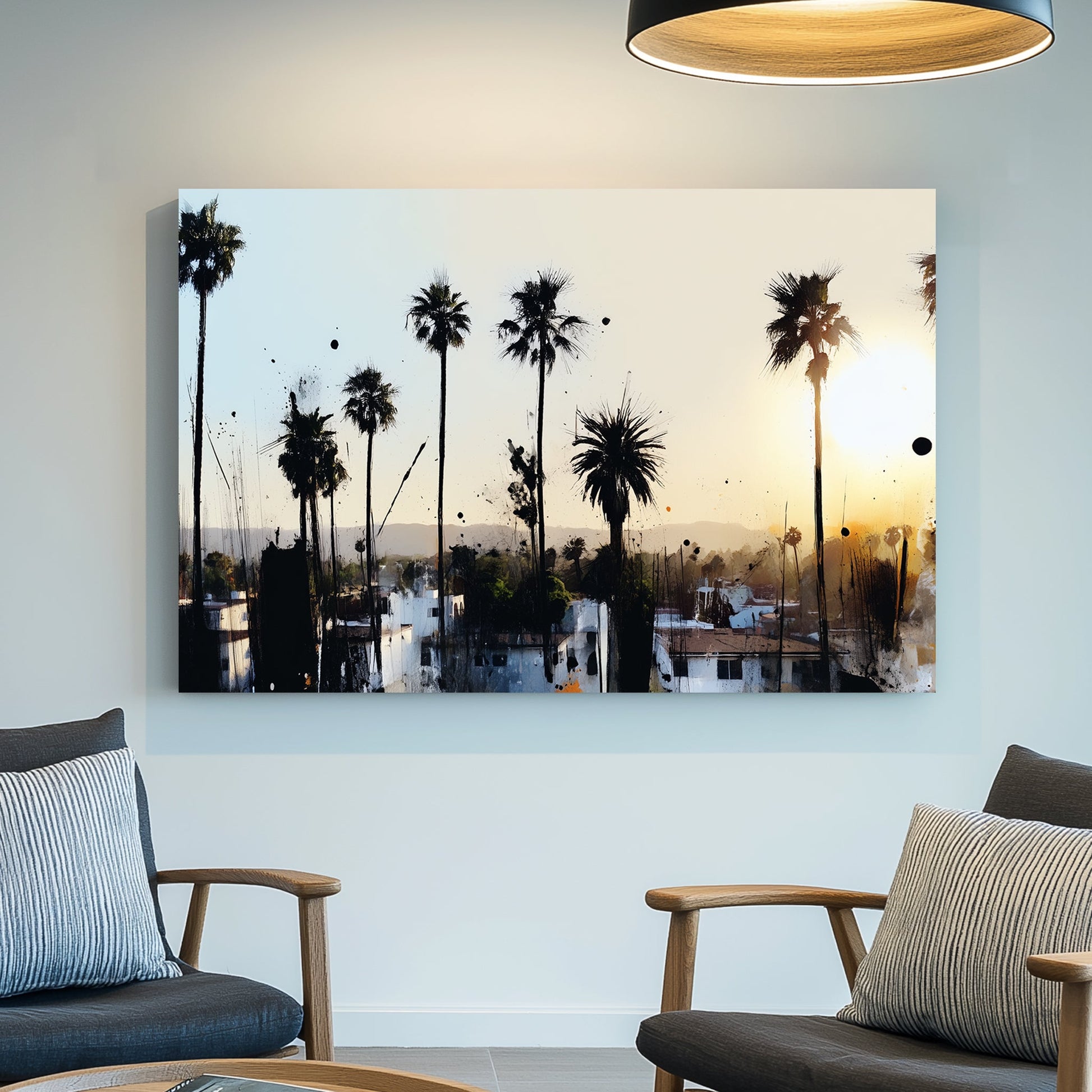 urban palm tree sunset wall art with ink splatter style
