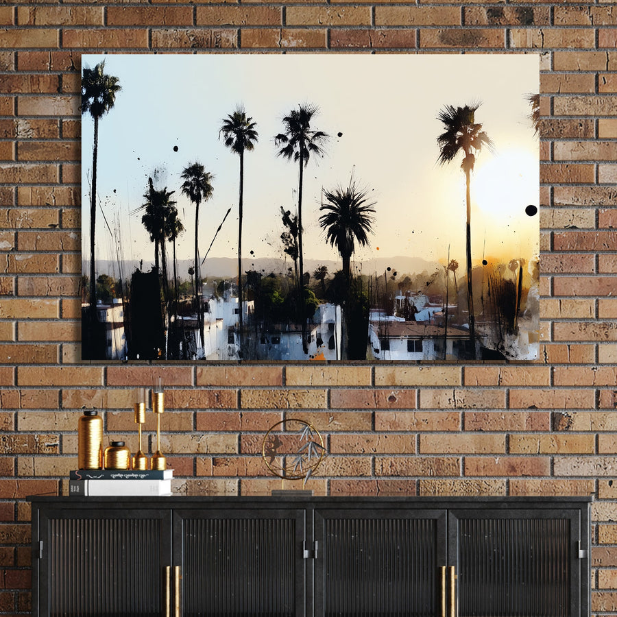 urban palm tree sunset wall art with ink splatter style