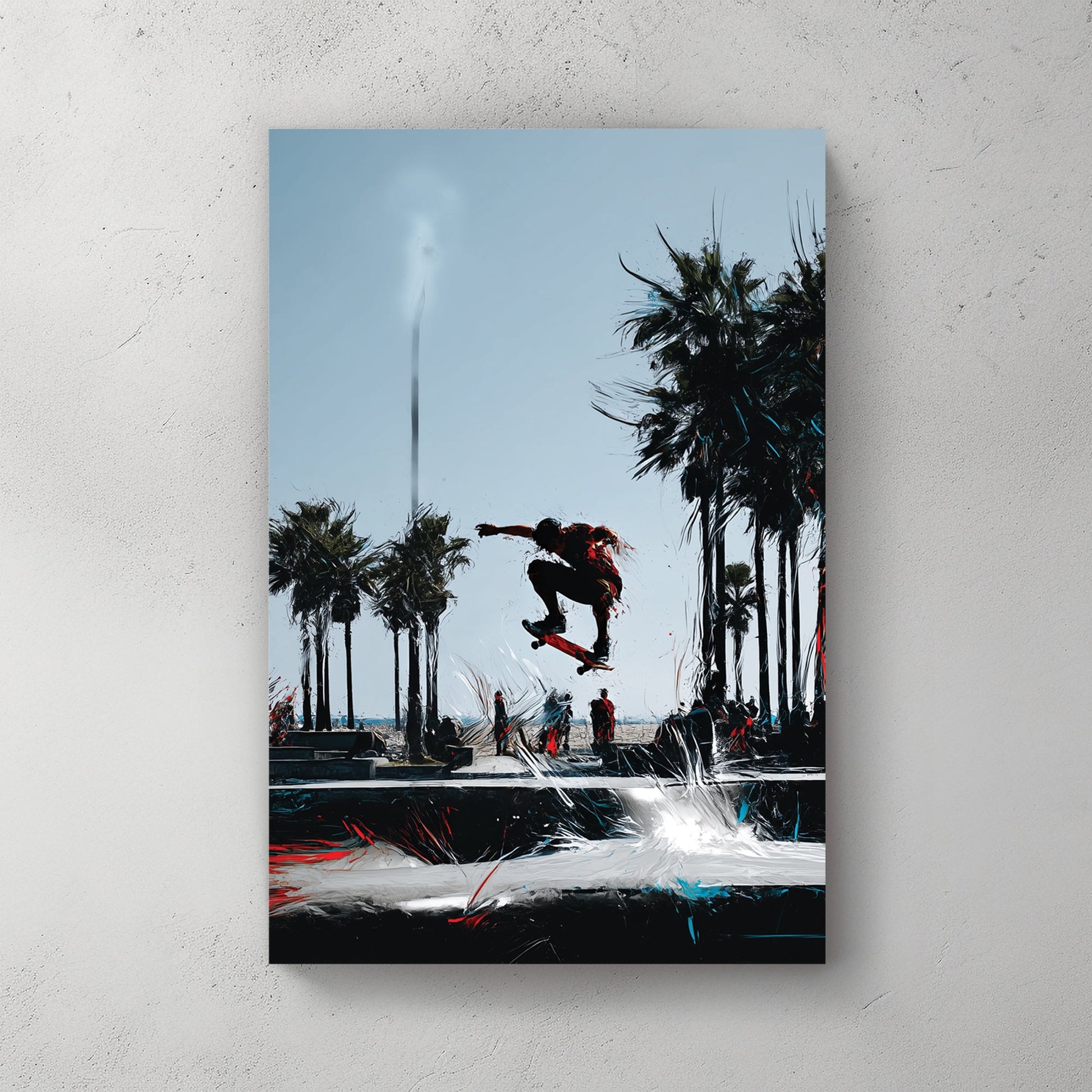 California skateboarder wall art with palm trees and abstract motion strokes