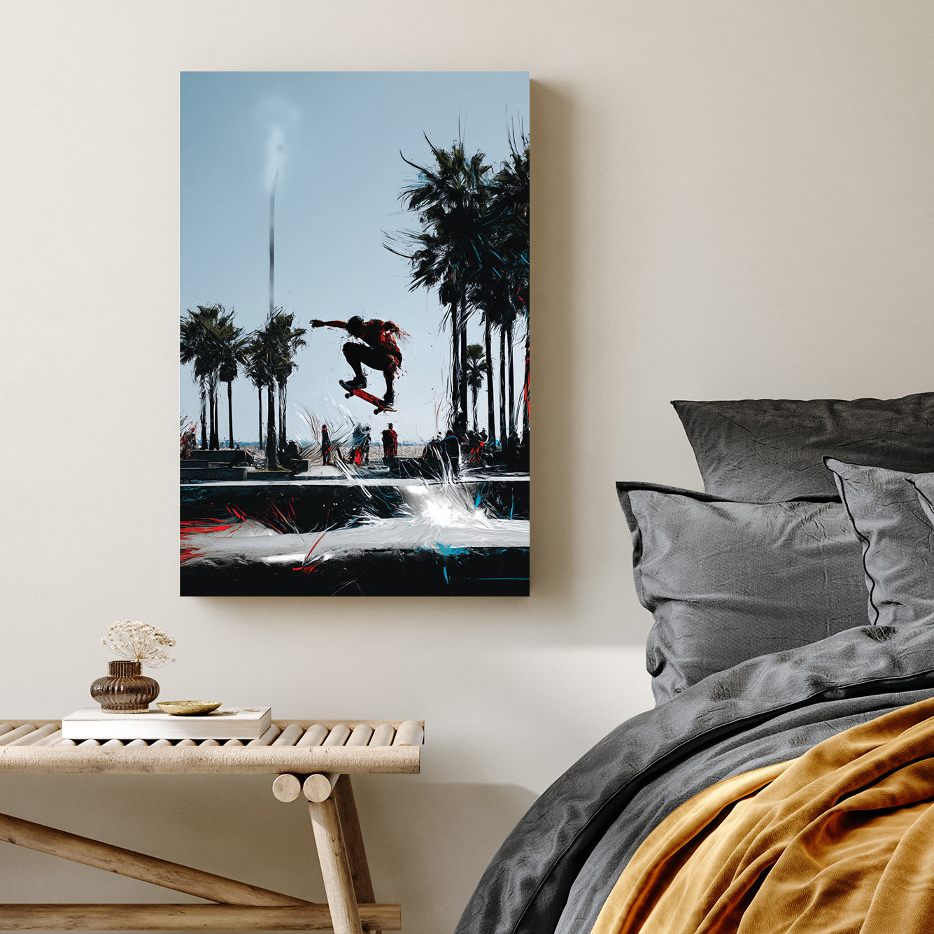 California skateboarder wall art with palm trees and abstract motion strokes